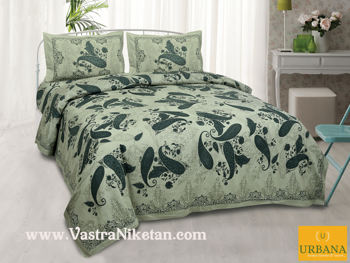 Paisley Cotton Double Bedsheet King Size with 2 Pillow Covers Green