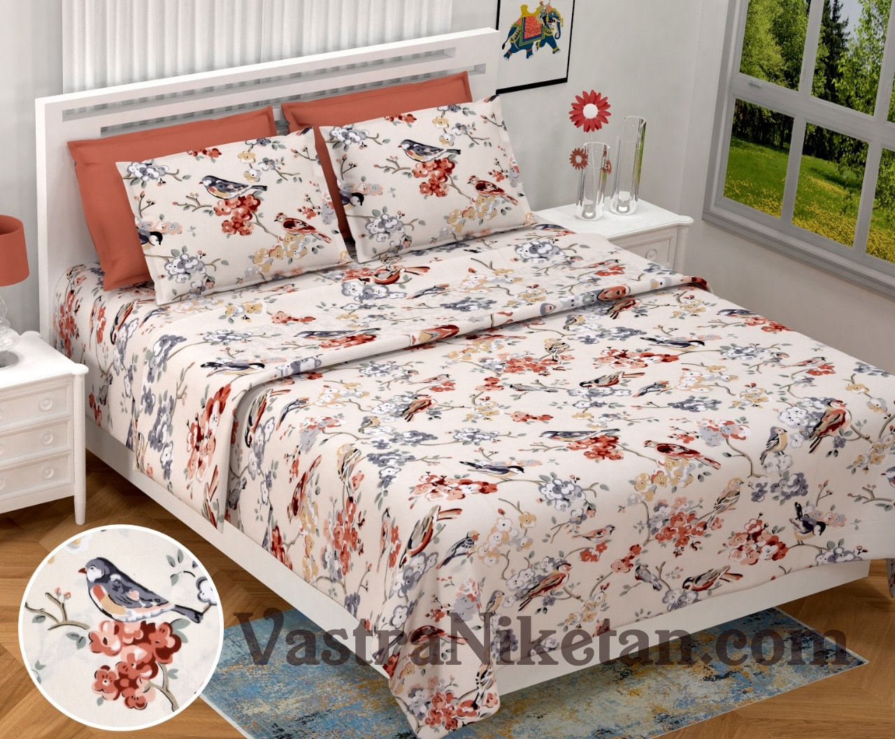 Heritage King Size Double Bedsheet with Sparrow and Floral print
