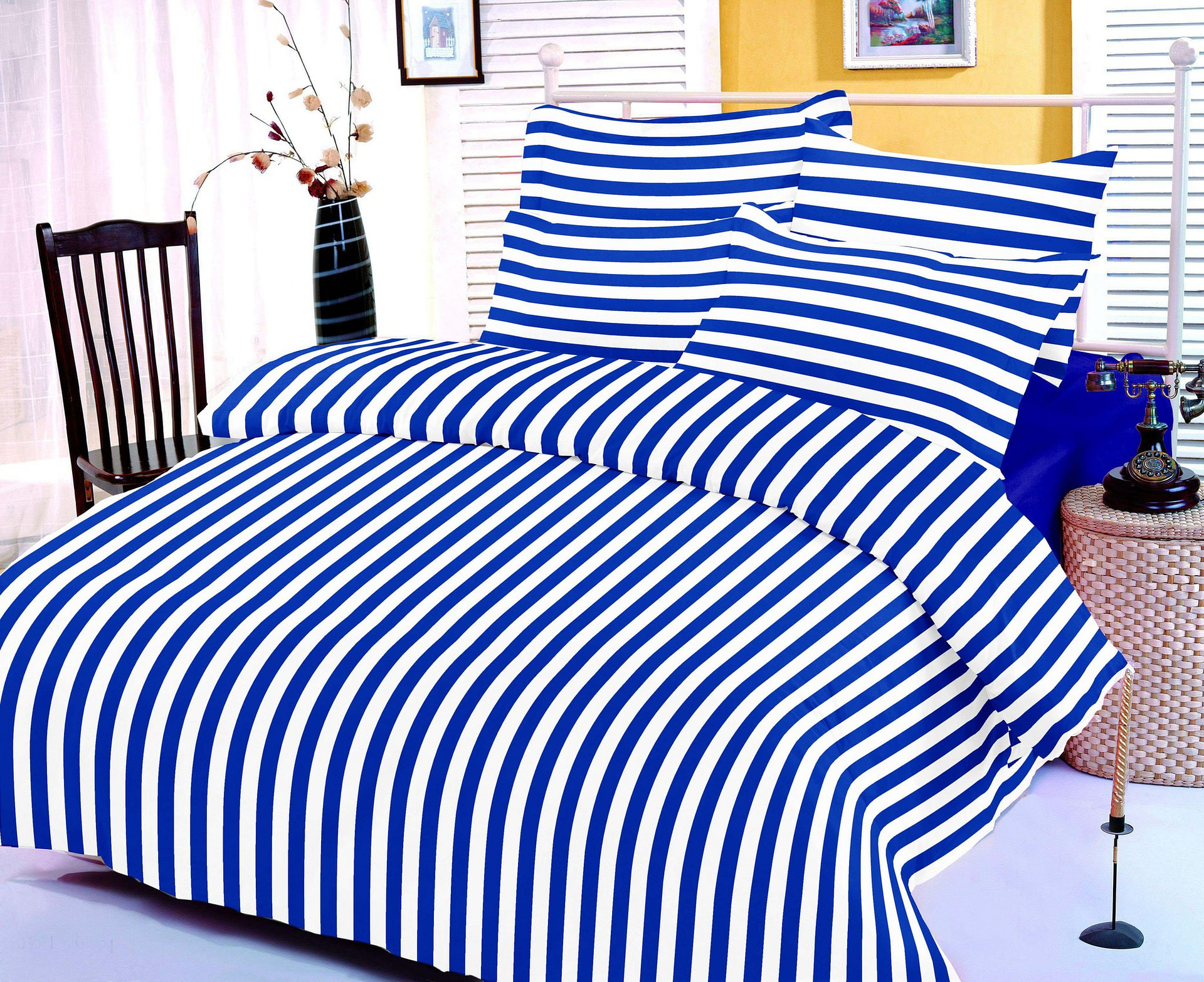 URBANA Blue & White Striped Print 160TC 100% Cotton Double Bed Sheet with 2 Pillow Covers